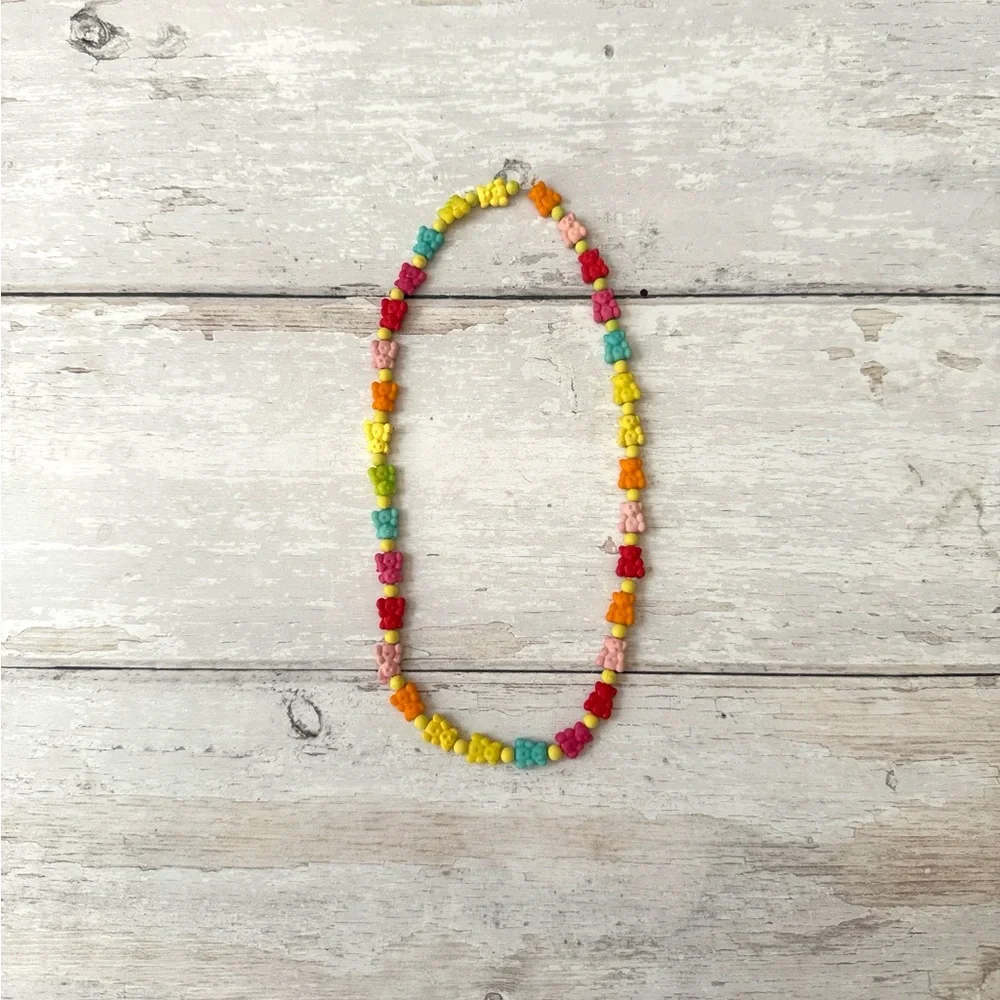Girls Rainbow Bears Beaded Necklace Vintage 80s Style Kids Teen Tween Jewelry